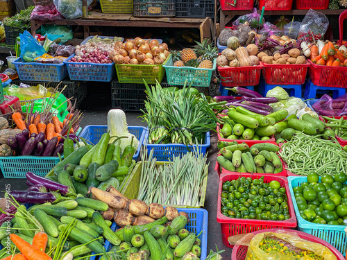 Assorted vegetables for sale at outdoor market in Vietnam