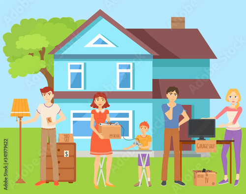 People standing with goods on yard of house, garage sale. Man and woman selling tv and videogame device, nightstand and lamp, neighborhood vector