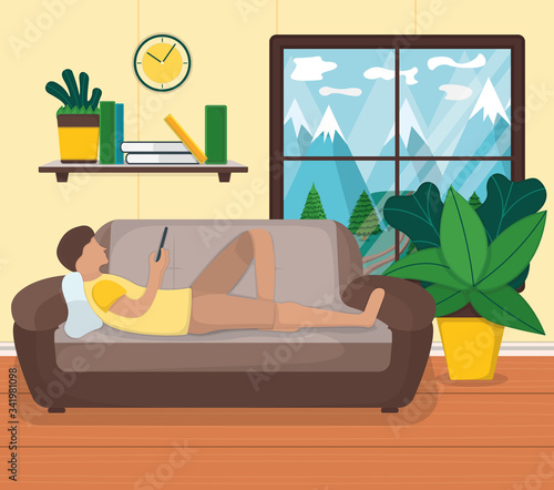 Male character rest couch and surf internet, man lie sofa relax cartoon vector illustration. Design interior room, country house vacation.