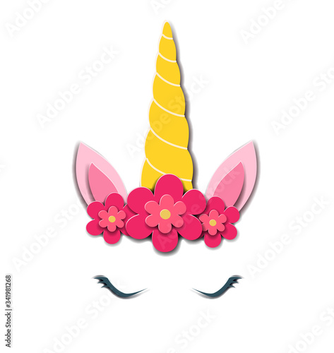 Cute unicorn face. Paper style. Vector illustration. Design element for birthday cards, party invitations.  © Tayisiya