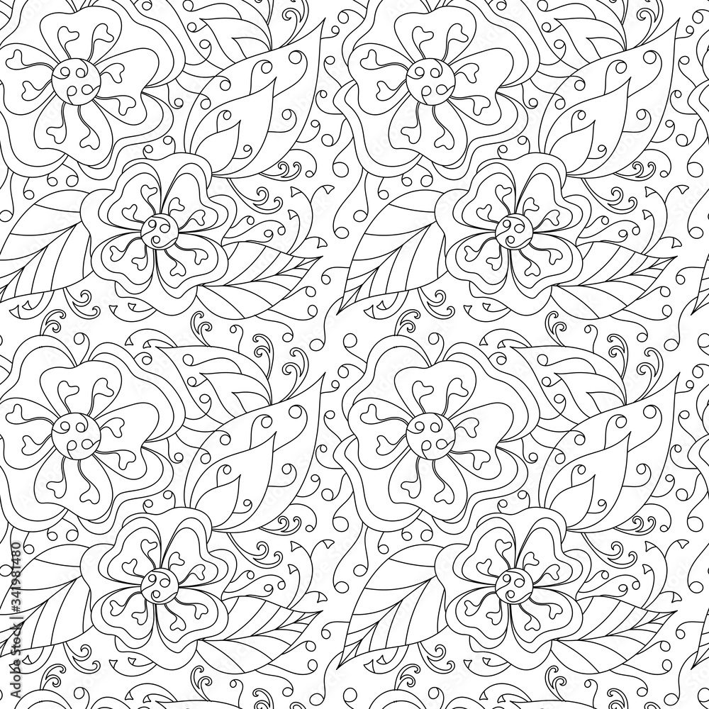 Seamless pattern with Flowers, curved doodles leaves. The Mehndi Design. Monochrome texture , black and white . Vector floral background for fabric and other surfaces Seamless pattern with Flowers, curved doodles leaves. The Mehndi Design. Monochrome texture , black and white . Vector floral background for fabric and other surfaces