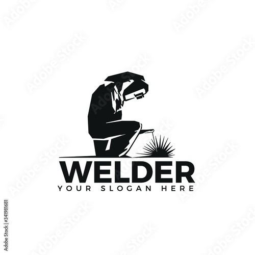Welding logo industrial  logo company logo design sitting position, WELDER LOGO SIMPLE AND CLEAN LOGO 