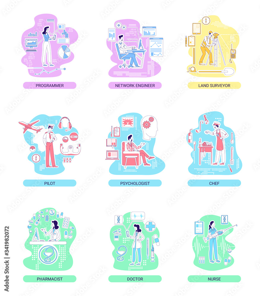 Medical and IT, service and industrial professions thin line concept vector illustrations set. Male and female workers 2D cartoon characters for web design. Occupational guidance creative ideas
