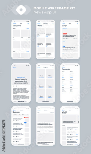 Wireframe UI kit for smartphone. Mobile App UX design. New OS news, categories, articles screens.