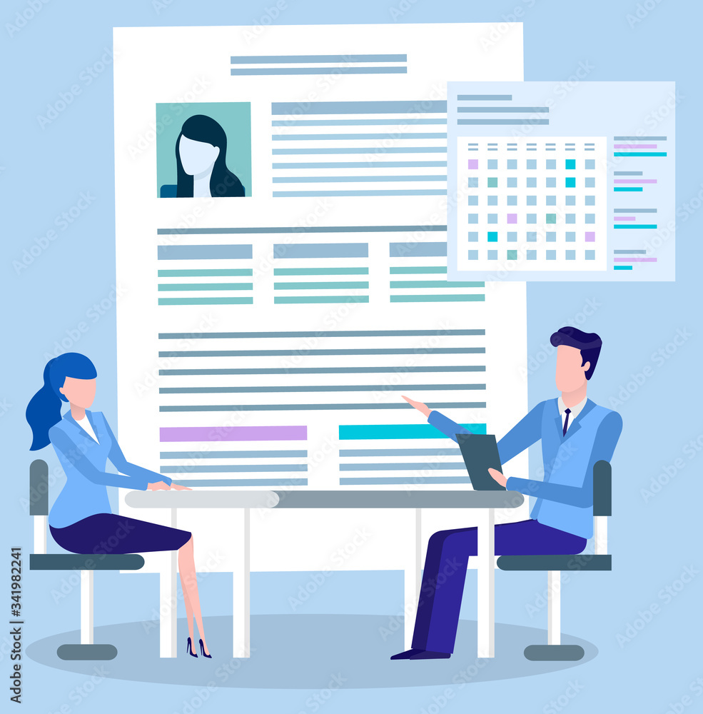 Obraz premium Employment, job interview, man and woman, profile or resume vector. Vacant position, work or occupation, employee and hr manager. Secretary with notepad, office and business workers illustration