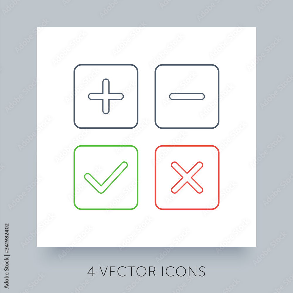 Flat icons simple collection for accepted - rejected, approved - disapproved, yes - no, right - wrong. Green, red and gray web symbols. Plus, minus, check mark and close buttons. Ux ui icons set. Flat icons simple collection for accepted - rejected, approved - disapproved, yes - no, right - wrong. Green, red and gray web symbols. Plus, minus, check mark and close buttons. Ux ui icons set.