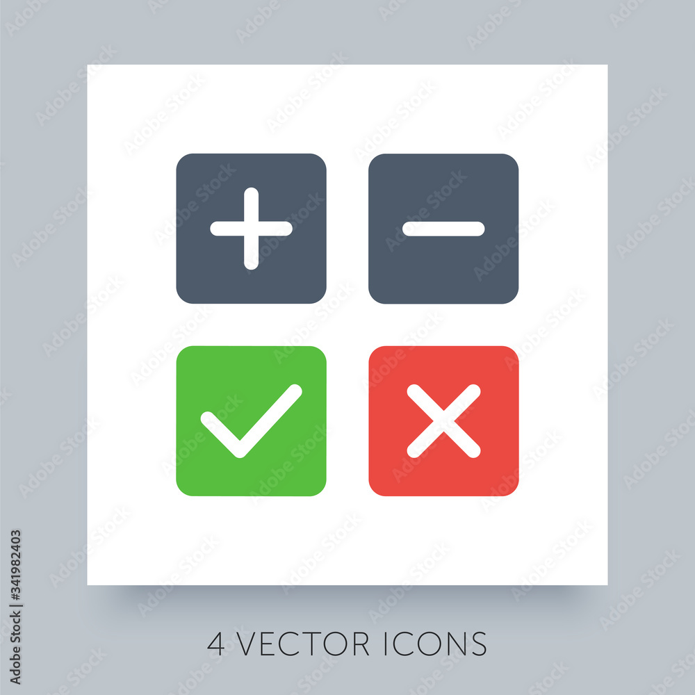 Flat icons simple collection for accepted - rejected, approved - disapproved, yes - no, right - wrong. Green, red and gray web symbols. Plus, minus, check mark and close buttons. Ux ui icons set. Flat icons simple collection for accepted - rejected, approved - disapproved, yes - no, right - wrong. Green, red and gray web symbols. Plus, minus, check mark and close buttons. Ux ui icons set.