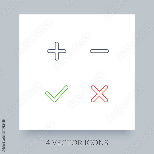 Flat icons simple collection for accepted - rejected, approved - disapproved, yes - no, right - wrong. Green, red and gray web symbols. Plus, minus, check mark and close buttons. Ux ui icons set.