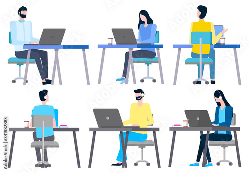 Online consultants or managers isolated. Vector people working on laptops and planning financial issues. Investors analyzing sales, sitting at tables on chair