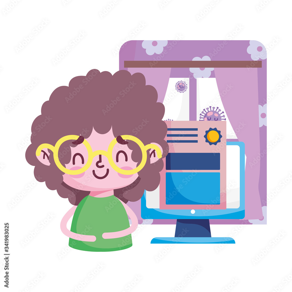 Girl computer diplom window and outside Covid 19 virus vector design Girl computer diplom window and outside Covid 19 virus vector design