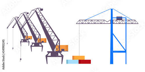Industrial cranes flat color vector objects set. Heavy machinery, professional lifting equipment 2D isolated cartoon illustrations on white background. Building, construction industry technology