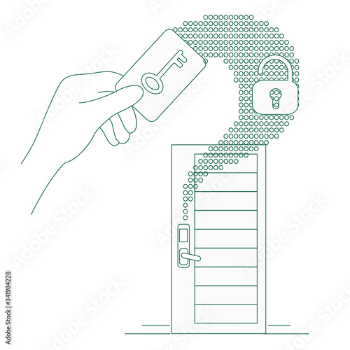 Plastic keycard work thin line concept vector illustration. Apartment protection, person using electronic key 2D cartoon character for web design. Hotel security system creative idea