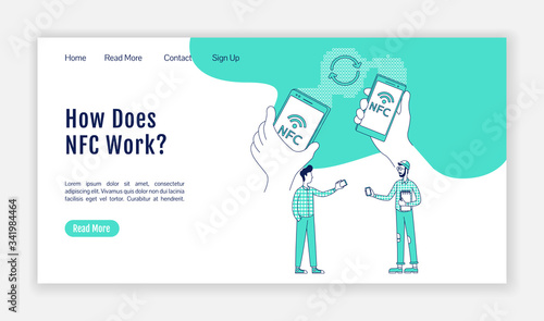 NFC work principle landing page flat silhouette vector template. Pay system homepage layout. Data transfer one page website interface with cartoon outline character. Mobile app web banner, webpage