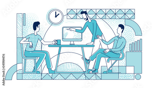 Executive managers working process silhouette vector illustration. Coworkers brainstorming, making decisions outline characters on white background. Employees communication simple style drawing