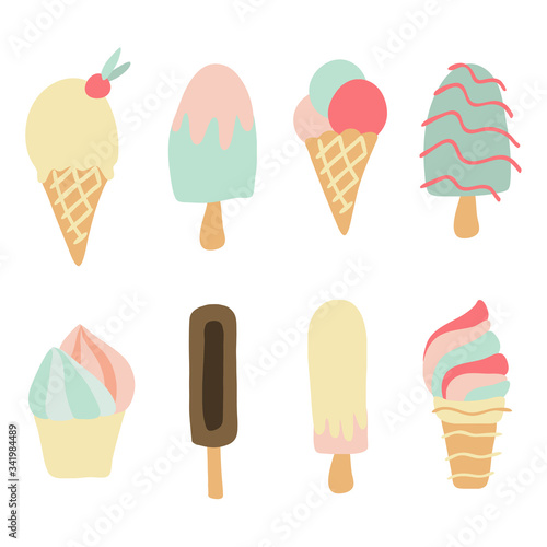 Collection of various ice cream and eskimo pie, flat vector illustration isolated on white background