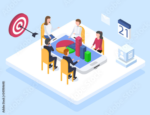 Entrepreneur and workers planning working tasks, organizing job and activities. Setting goals and deadlines at business conference. People analyzing data and stats. Vector in isometric style