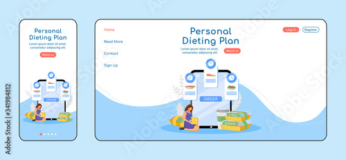 Personal dieting plan adaptive landing page flat color vector template. Diet meals mobile and PC homepage layout. Healthy eating order one page website UI. Food service webpage cross platform design