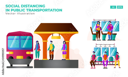 Social Distancing.Passenger in BTS sky train with surgical face mask keeping distance to protect from COVID-19 corona virus diseases.Idea for COVID-19 outbreak and prevention in public transportation.