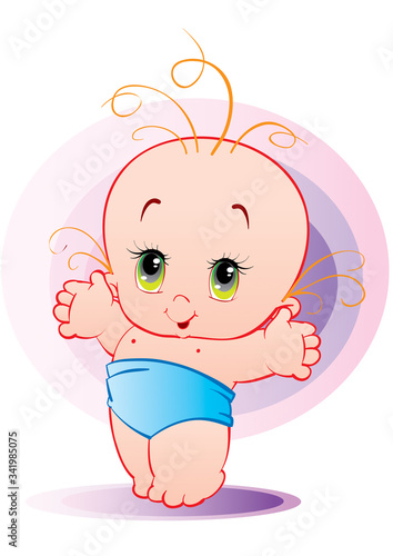baby with big eyes stands in a blue diaper and spreads his arms wide delighted, vector illustration,