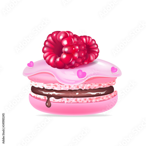 Macaroon, creamy dessert with raspberries realistic vector illustration. Pink meringue, tasty biscuit, french confectionery. Homemade cookie, sweet bakery 3d isolated object on white background