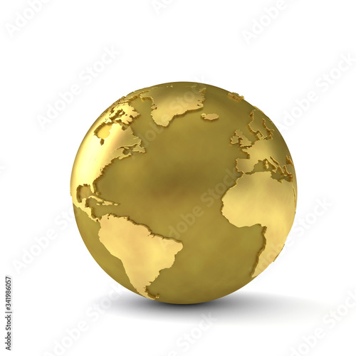 Gold globe showing the Atlantic ocean. 3d render