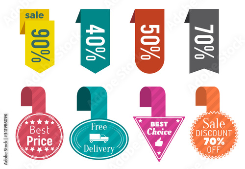 Collection of promo banners with percentage and text. 90 and 40, fifty and seventy percent off price. Best deals at market and shops. Ribbons with discounts and proposals for clients, vector