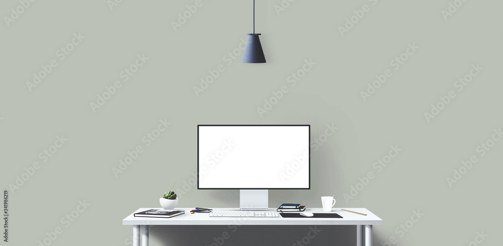 New computer display and office tools on desk. Blank desktop computer screen. Modern creative workspace background. Front view. New computer display and office tools on desk. Blank desktop computer screen. Modern creative workspace background. Front view.