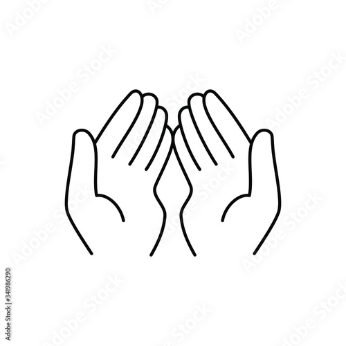 Muslim hands in pose of praying. flat contour style sign islam dua logotype stroke graphic art design isolated on white background. concept of woman body language like mercy or pray in ramadan. EPS10