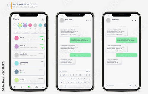 Realistic Mockup app messenger on the screen smartphone in white color concept. Social / UI / UX Neomorphism design. Vector illustration EPS 10.