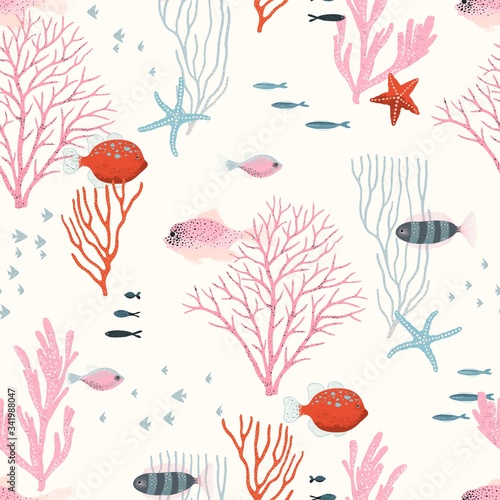 Sea wildlife with corals, fishes and starfish, seamless pattern. Vector colorful abstract illustration with texture, design elements on ivory background.