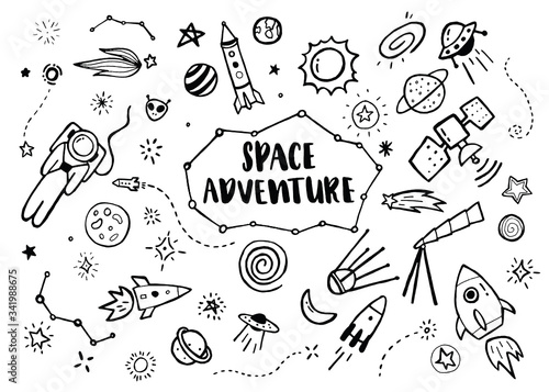 Sketchy vector hand drawn doodles cartoon set of Space objects and symbols