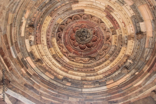 Interior of a dome in the arcades close of the big minaret  Qutub Minar complex. Round ceiling in the minaret.  Delhi India