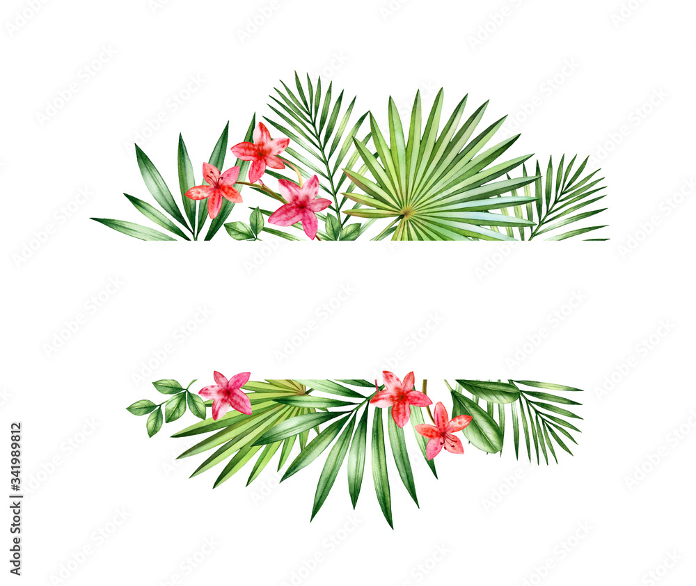 Watercolor Floral Banner Small Red Orchids And Palm Leaves Arrangement Horizontal Frame With