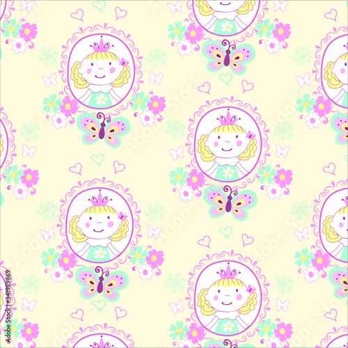 Cute cartoon girl seamless pattern with butterfly, flowers and hearts. Unique hand painted Princess illustration clipart elements isolated on white perfect for print, packaging and all kinds of childr © Tatiana