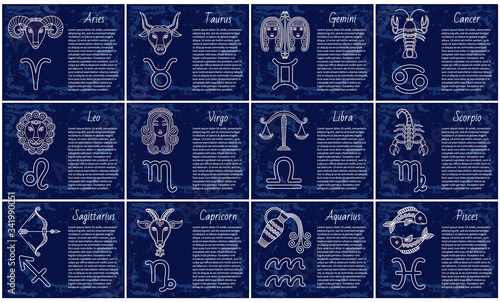 Twelve astrological signs. Icons of aquarius and gemini, virgo and scorpio, cancer and taurus, aries and libra, leo and pisces, capricort and sagittarius. Vector illustration of zodiacs in flat style