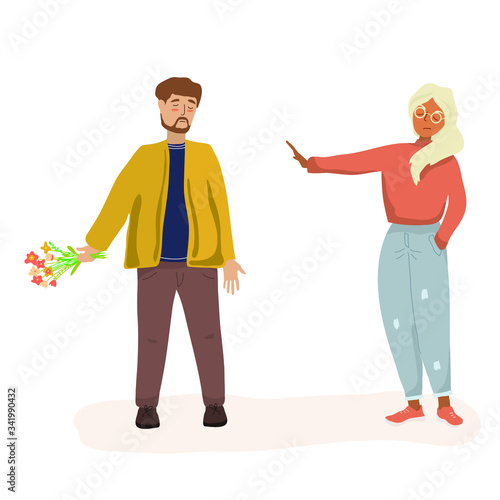 Couple in a quarrel. A man with flowers is trying to apologize to a woman. Husband and wife or couple in upset feelings. Cartoon characters. Flat vector illustration.