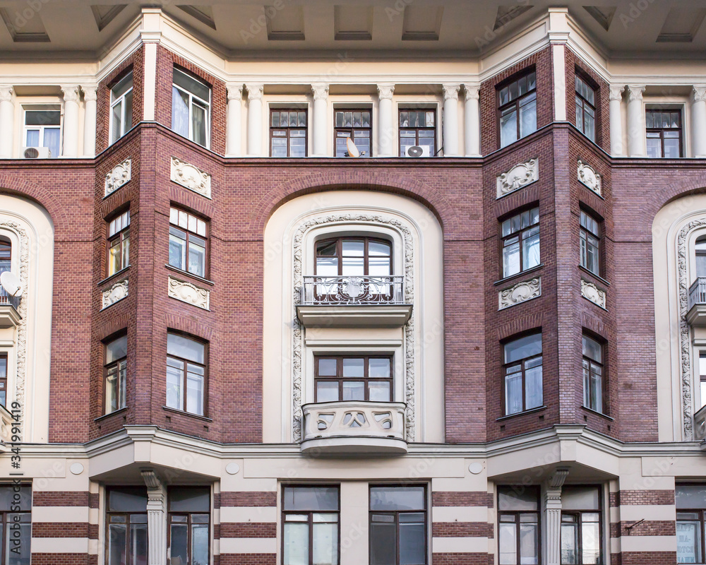 Facade building in Art Nouveau. Front view close up.