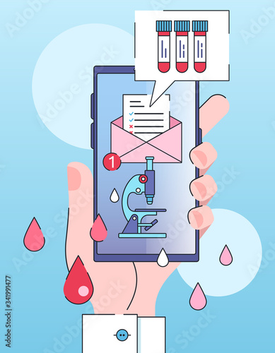 Patient gets medical exam results by email. Medical diagnosis on smartphone screen. Hand holds mobile with icon of message envelope and blood test tubes. Online diagnosis - flat vector illustration