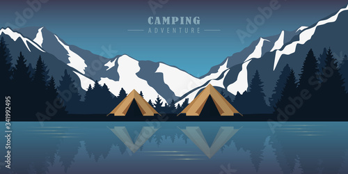 camping adventure by the lake in the wilderness at snowy mountains vector illustration EPS10