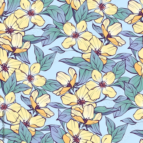 Seamless floral pattern with yellow flowers. Spring colorful background