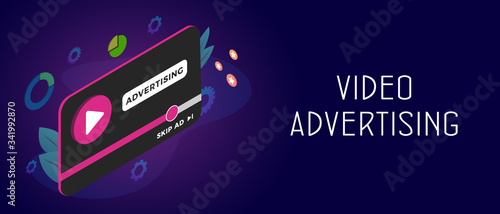 Video Advertising - Digital Media Marketing business concept. A window with video content that was interrupted for advertisement. Online broadcasting, streaming ads video. Header and footer banner