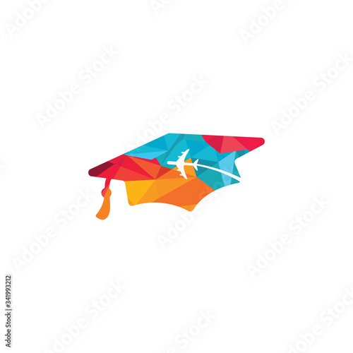 Study abroad vector logo design. Graduation cap and airplane icon.