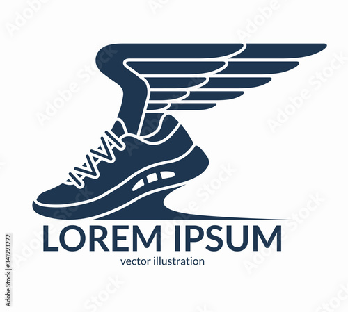 Running shoe symbol, icon, logo. Sneaker with wings. Vector illustration