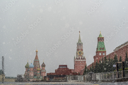 Moscow, Russia, April 5, 2020. Coronavirus Quarantine, Covid-19, in Moscow Snow over Red Square photo