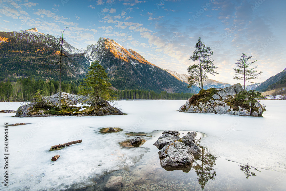 Fototapeta premium Frozen Hintersee, Bavaria, Bayern, Germany, Deutschland, Europe