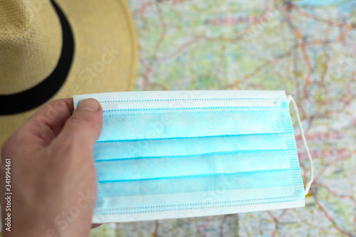 Close up of blue surgical mask