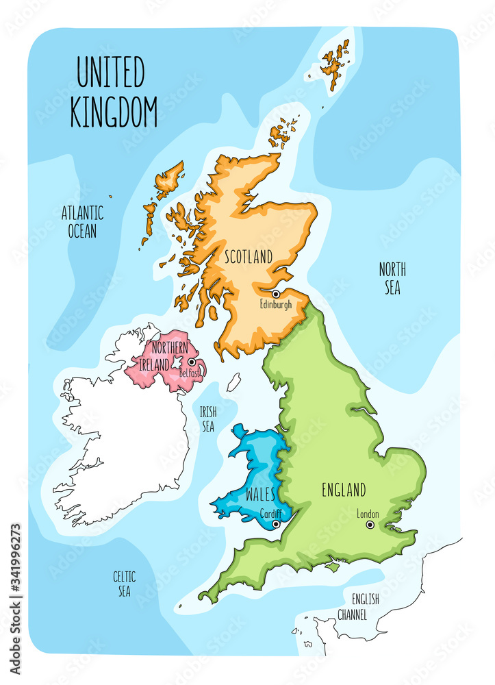 Hand drawn map of the United Kingdom including England, Wales, Scotland ...