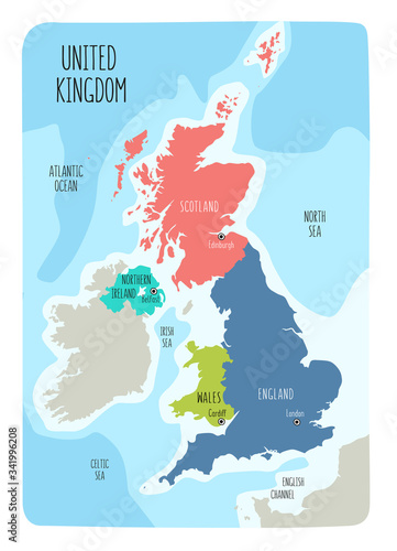 Hand drawn map of the United Kingdom including England  Wales  Scotland and Northern Ireland and their capital cities.