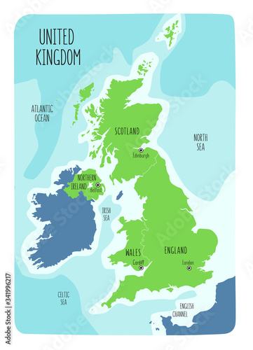 Hand drawn map of the United Kingdom including England, Wales, Scotland and Northern Ireland and their capital cities.