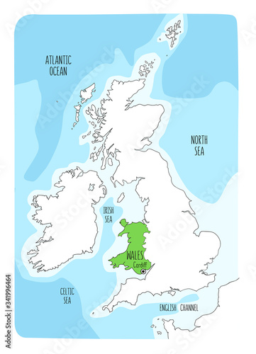 Hand drawn map of Wales and the British Isles photo